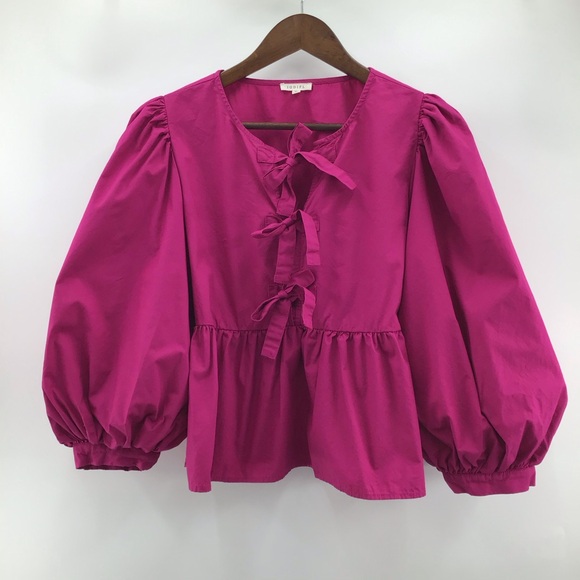 JODIFL Fuchsia Blouse Balloon Sleeves with Bow Accents - Picture 3 of 16
